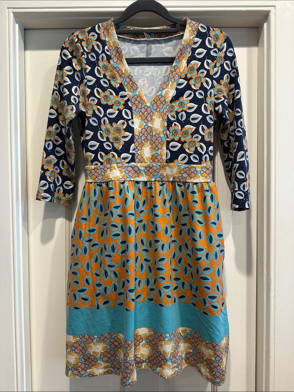Anthropologie Navy and Mustard Mixed-Print V-Neck Mini Dress